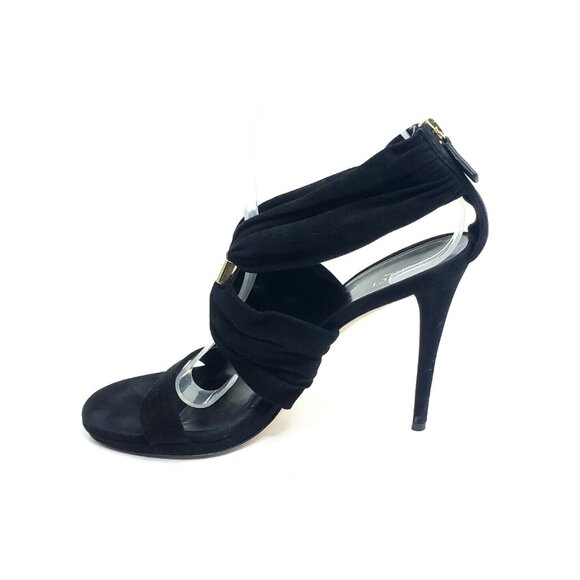 GUCCI High Heel Sandals Black Suede Strap Gold Logo Zip EU 39.5 US 9.5 - Picture 6 of 8